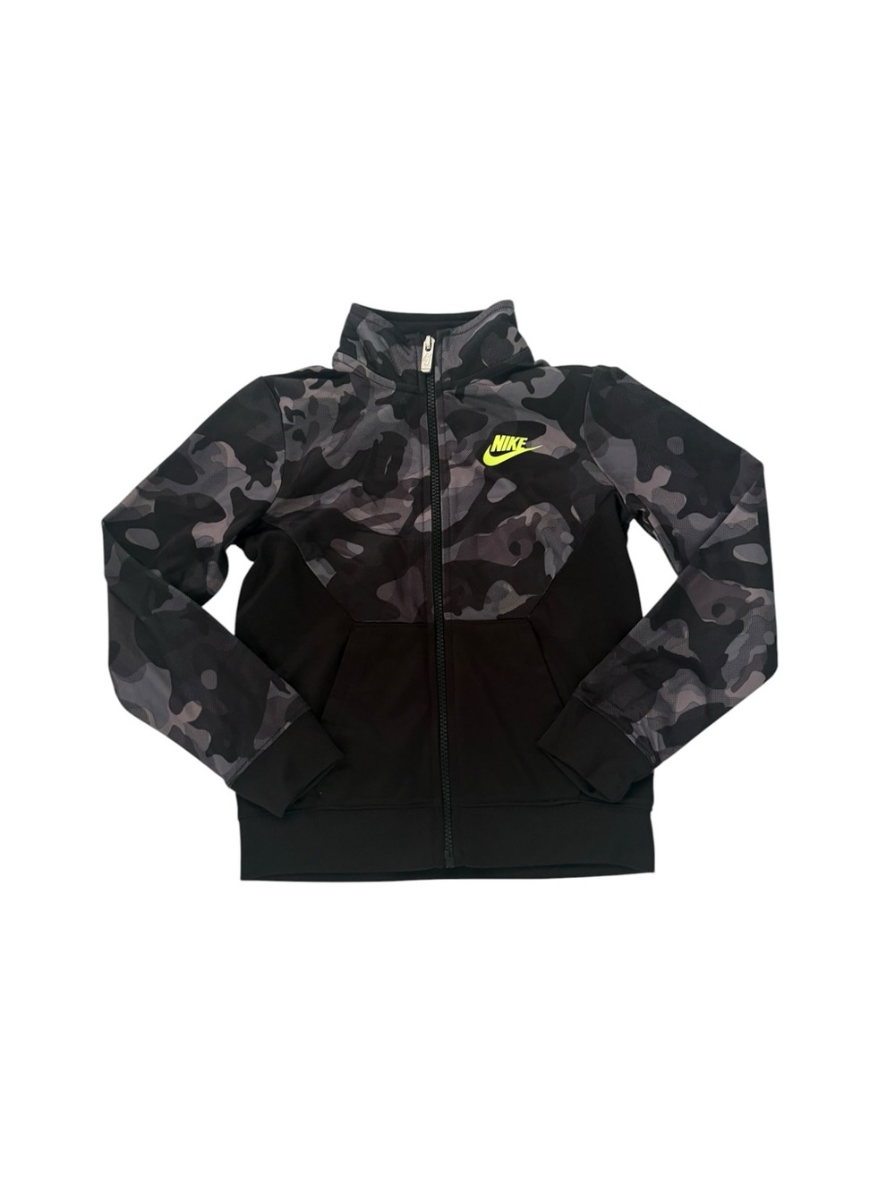 Nike Kids Black & Gray Camouflage Zip Hoodie with Neon Logo 6/7y